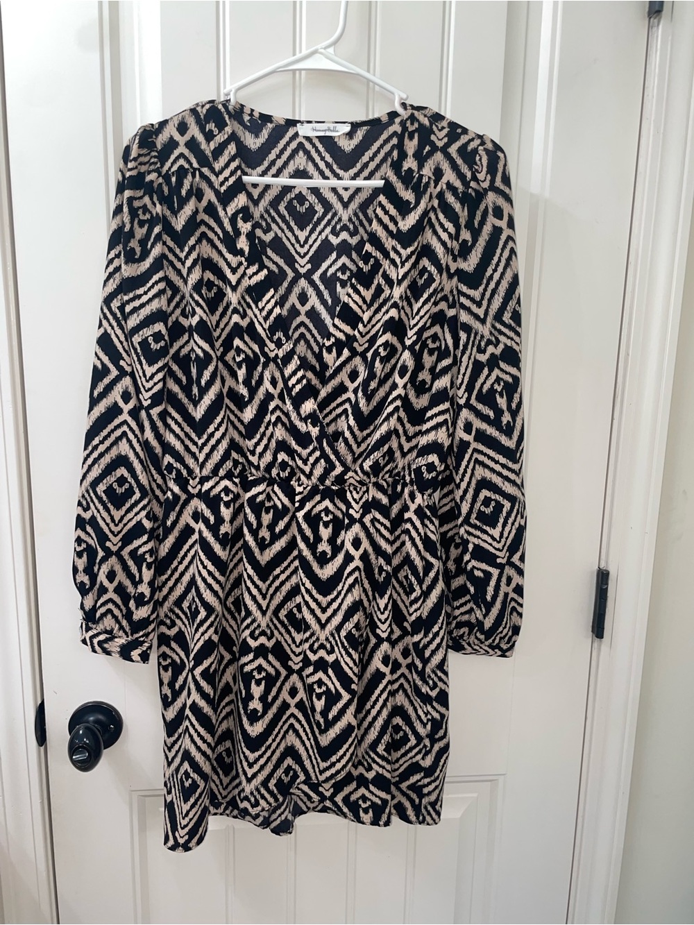 Honey Belle Black and Cream Geometric Long-Sleeve Wrap Dress